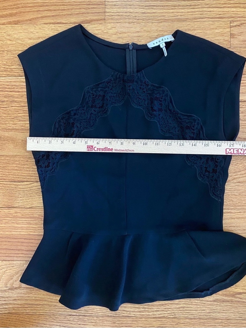 Sandro Peplum Top Women’s Size 2 Black Lace Detail Shirt Zip Closure-Back Blouse - Picture 6 of 6